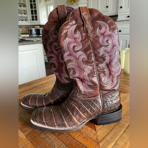 Ariat Brown Croc Leather Cowboy Boots with Pink Embroidery